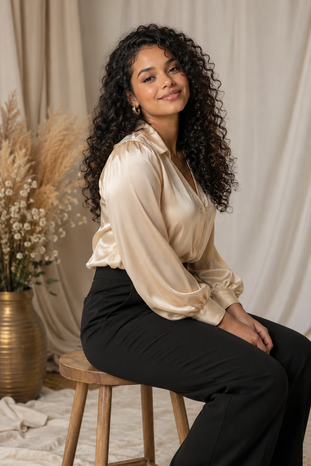 A curly-haired adult woman in a champagne blouse and dark trousers sits on a wooden stool against a softly lit draped studio backdrop with dried flowers.