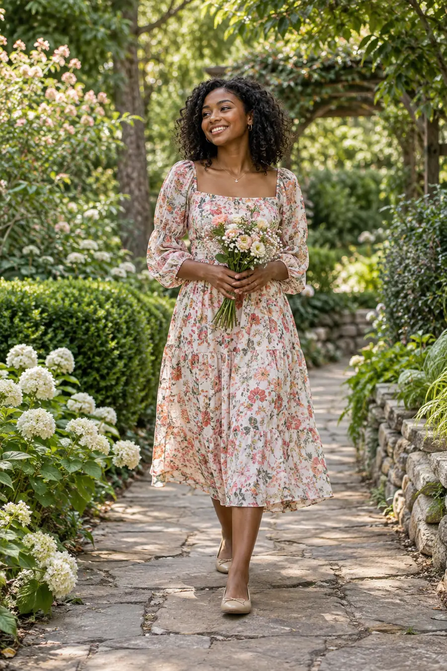 A smiling adult woman with shoulder-length curls walks along a garden path in a floral midi dress and flat shoes, holding a bouquet.