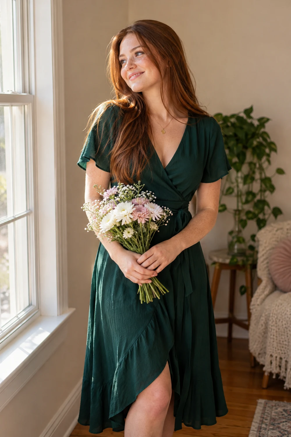 A freckled adult woman with auburn hair in a deep-green wrap dress holds flowers beside a bright home window.