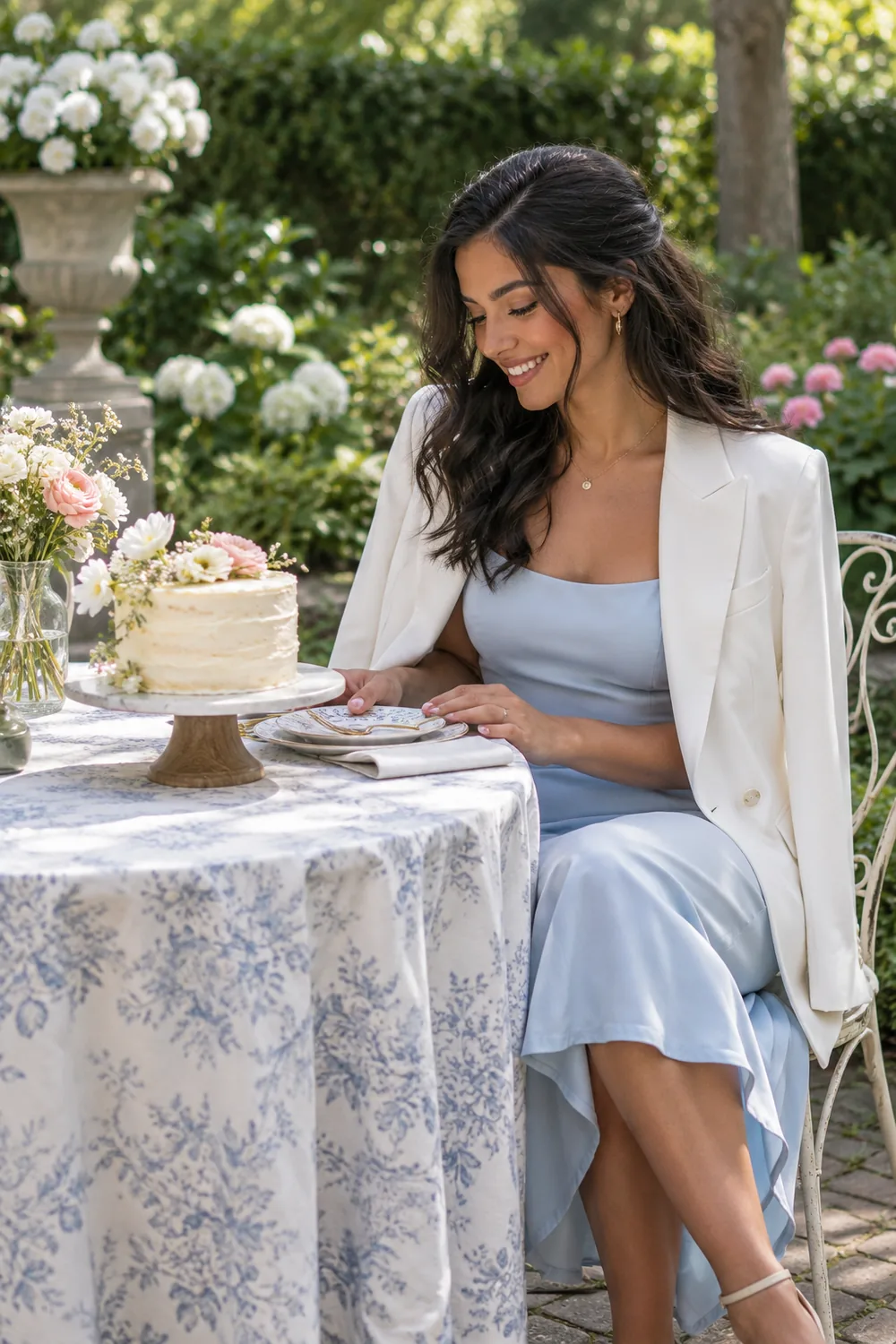 A woman in a pale-blue dress and white blazer smiles toward a frosted cake at a flower-filled garden table.