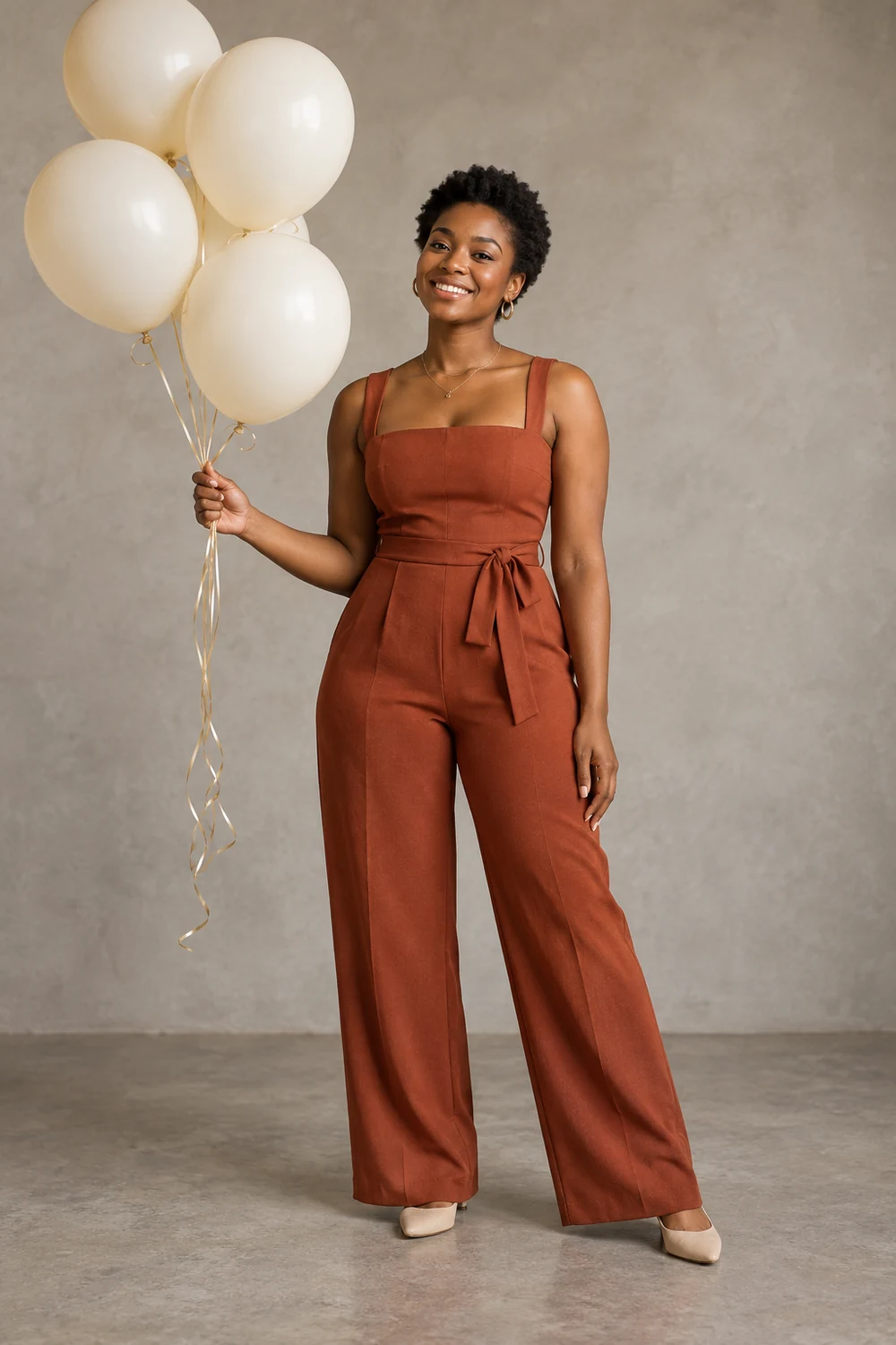 A full-length studio portrait of an adult woman with short coiled hair wearing a rust-colored jumpsuit and holding plain cream balloons.