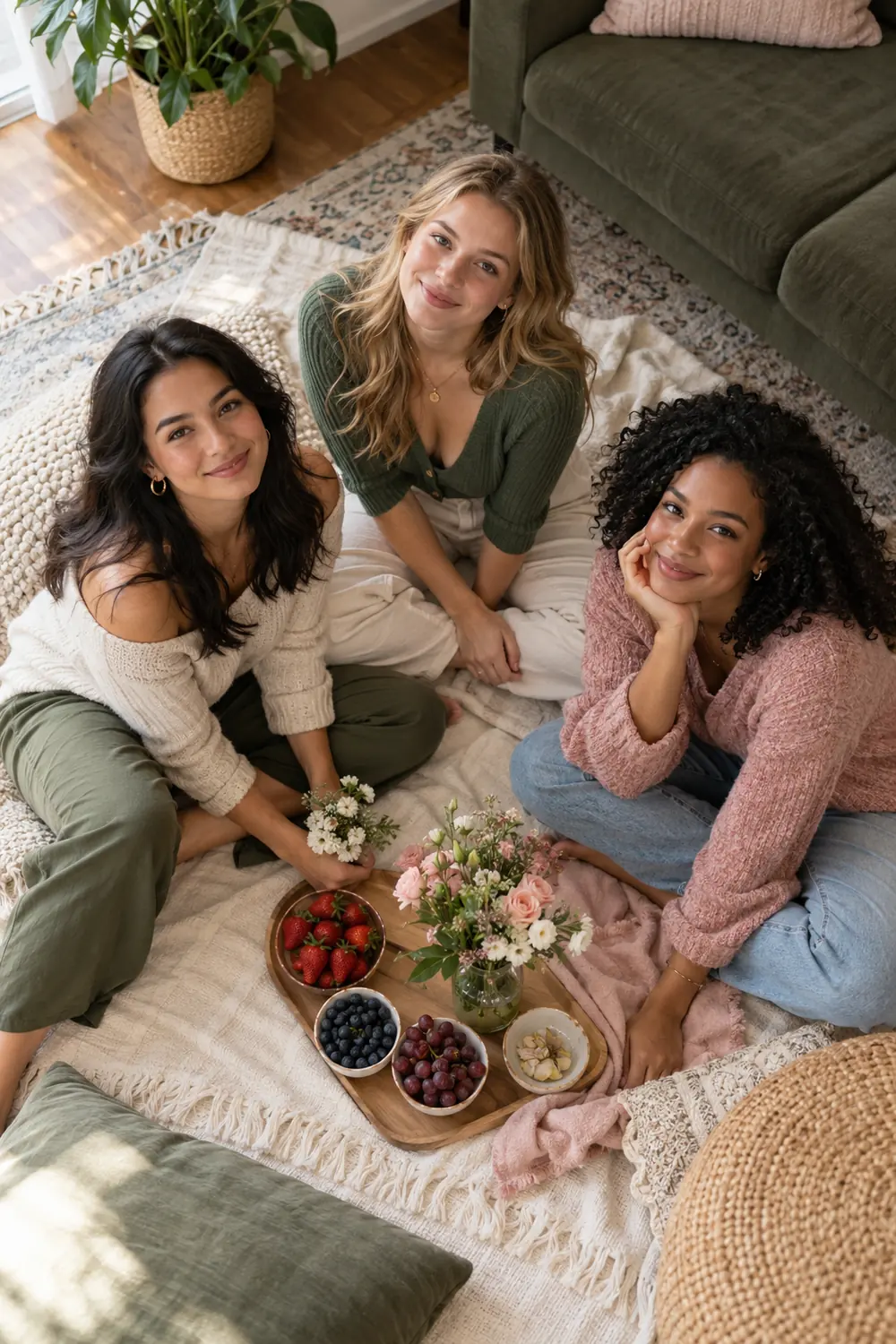Three adult women in muted sweaters and trousers sit on a living room blanket, smiling up beside bowls of fruit and flowers.