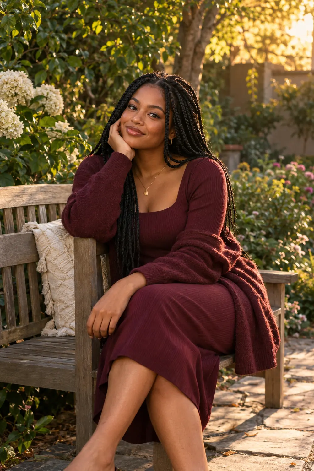 A woman with long black braids sits cross-legged on a wooden garden bench in a burgundy dress and cardigan, surrounded by leafy plants in golden evening light.