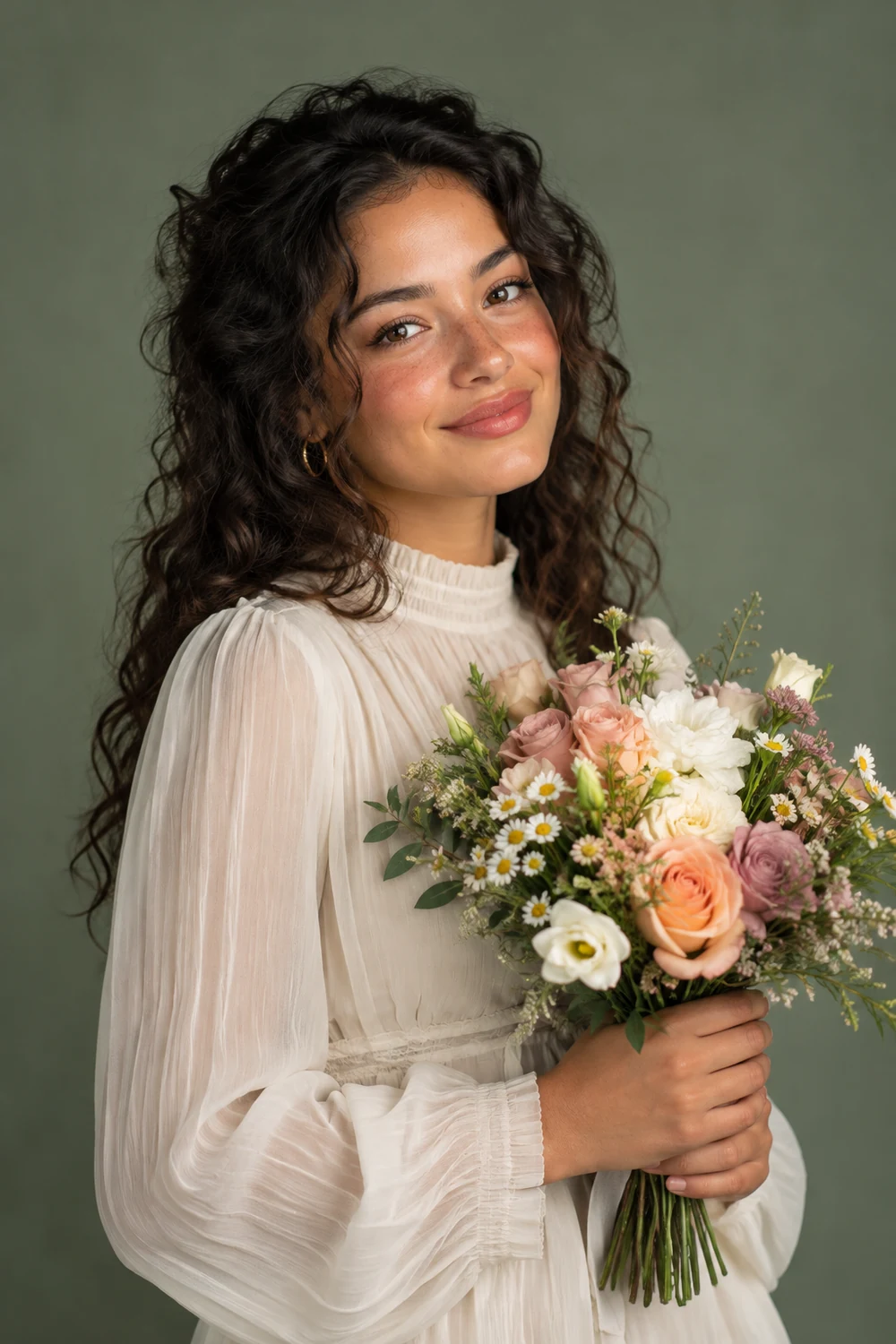 A woman with loose dark curls in an ivory blouse holds a mixed bouquet in a softly lit studio against a muted sage backdrop.