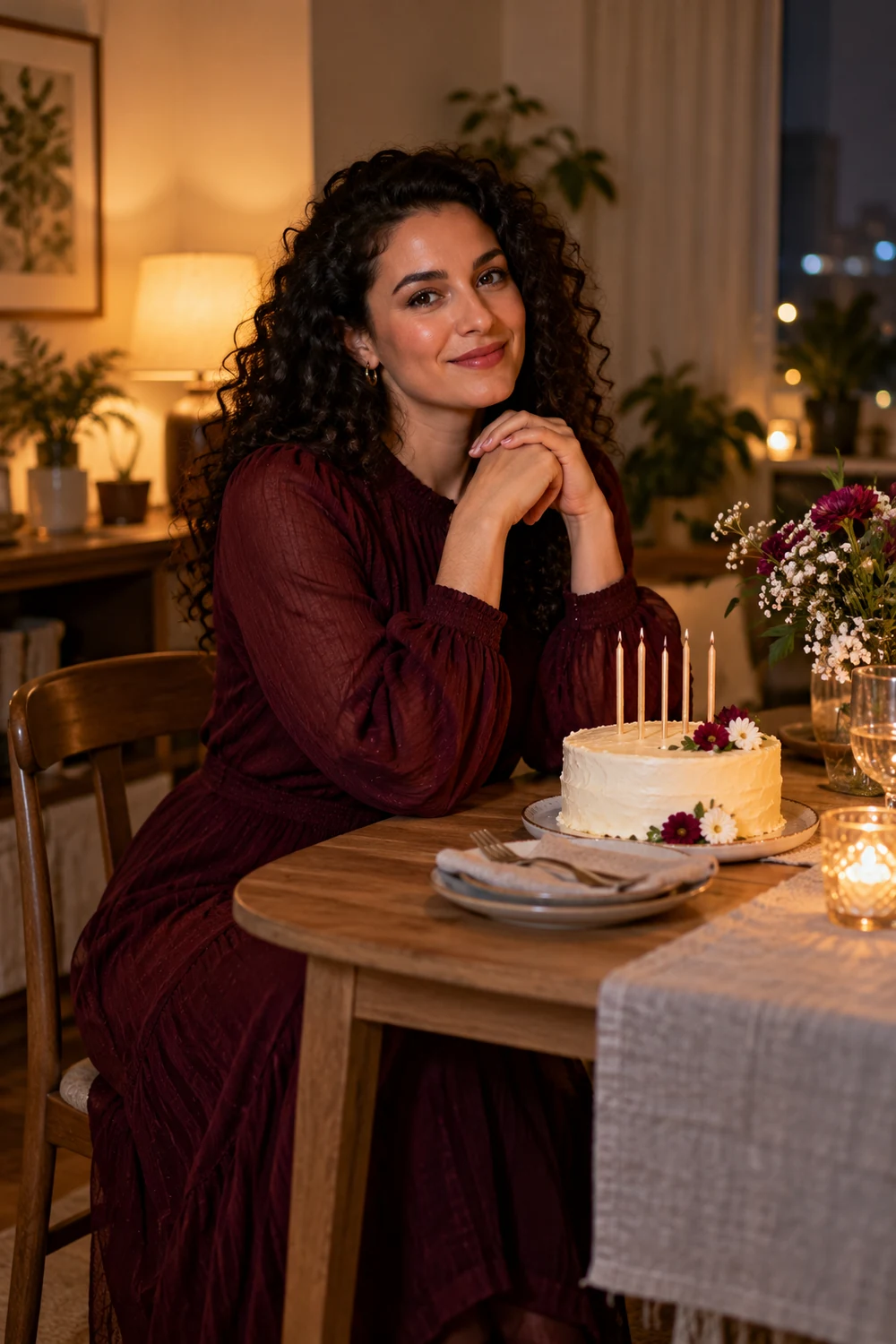 A woman with dark curly hair in a burgundy evening dress sits at a wooden dining table beside a small flower-decorated cake with unlit candles, in a warmly lit home.