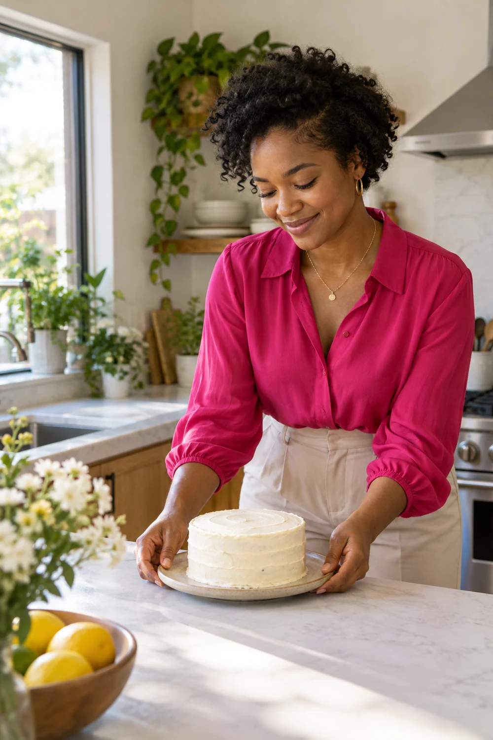 A woman with short coiled hair in a bright pink blouse and pale trousers gently sets a small undecorated cake on a sunlit kitchen counter.