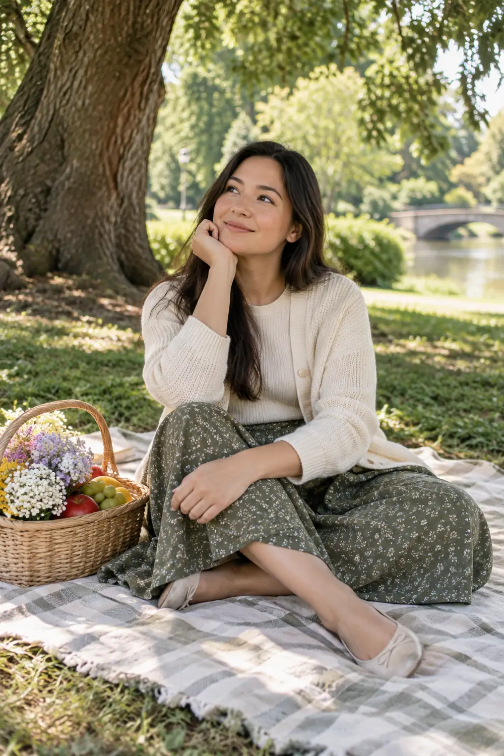 A dark-haired woman in a cream knit cardigan and floral midi skirt sits on a picnic blanket beside a basket of fruit and flowers in a shaded park.