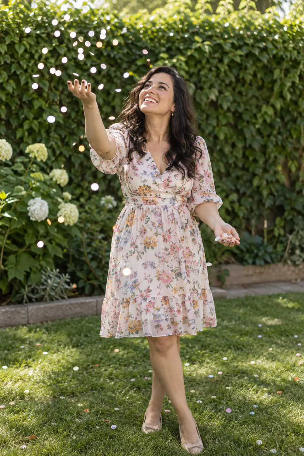 A smiling woman in a floral knee-length dress tosses colorful paper confetti in a leafy backyard.