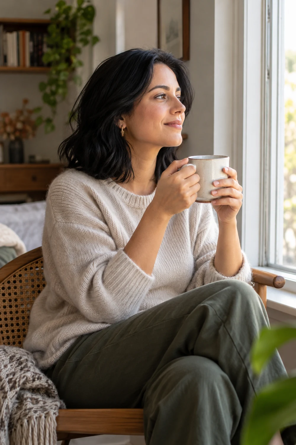 A woman with shoulder-length black hair sits in a woven chair beside a bright window, holding a ceramic cup and looking toward the morning light.