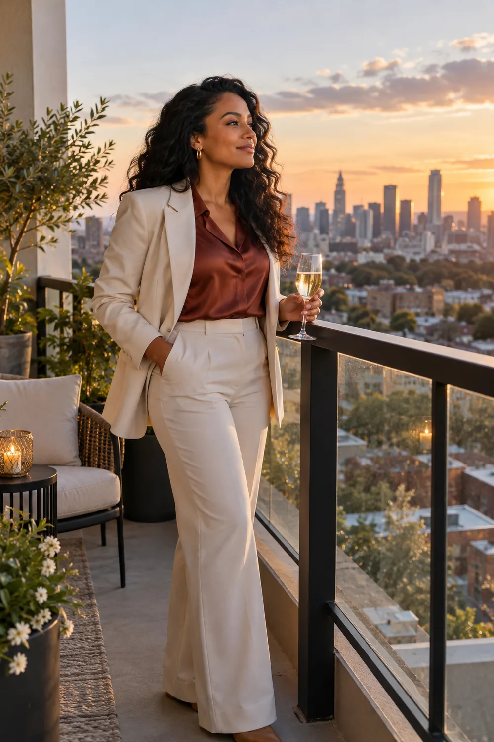 A woman in an ivory suit stands beside a secure balcony railing, holding a glass and gazing toward the city at sunset.