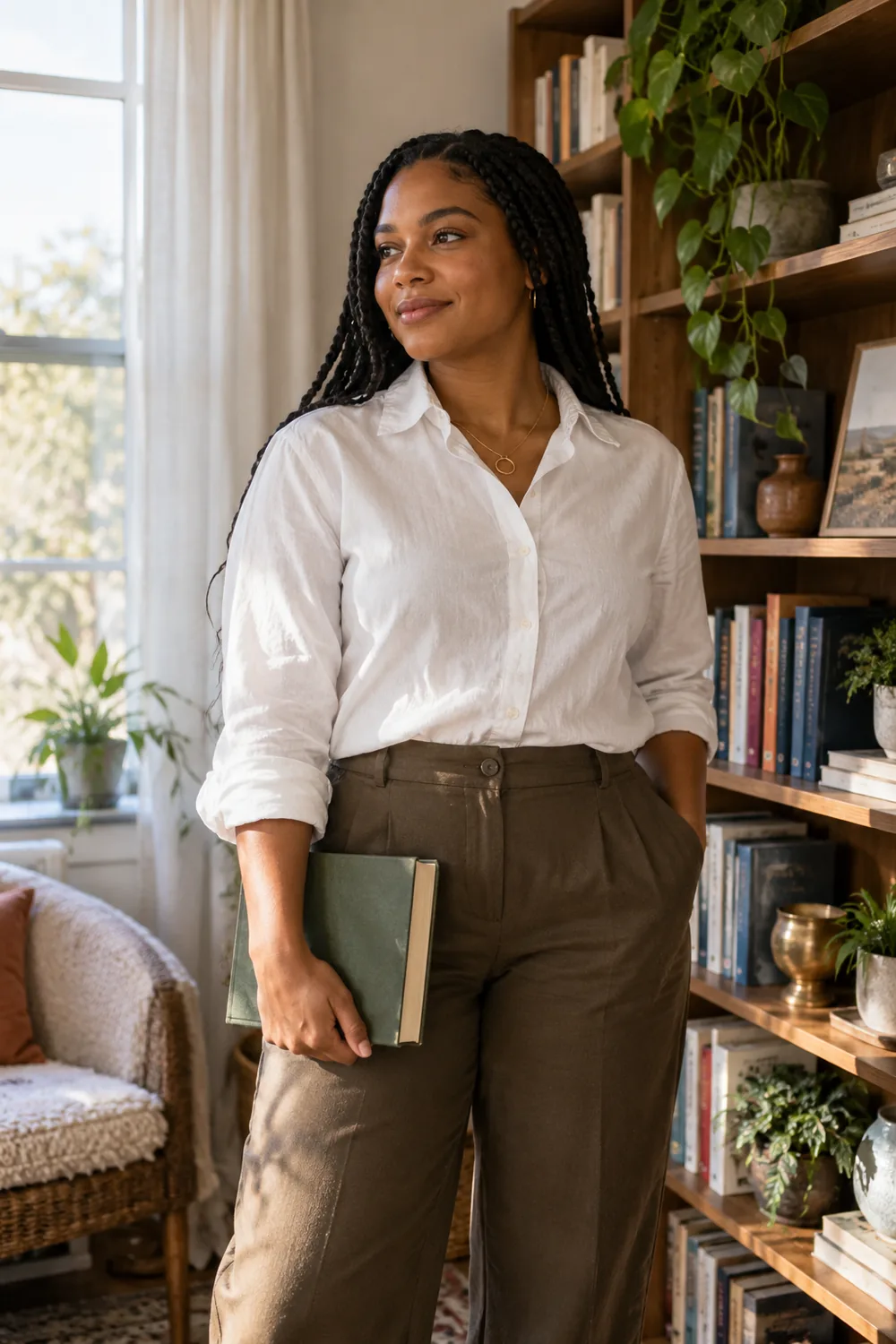 A woman with dark braids stands beside a home bookshelf holding a closed book in soft window light.