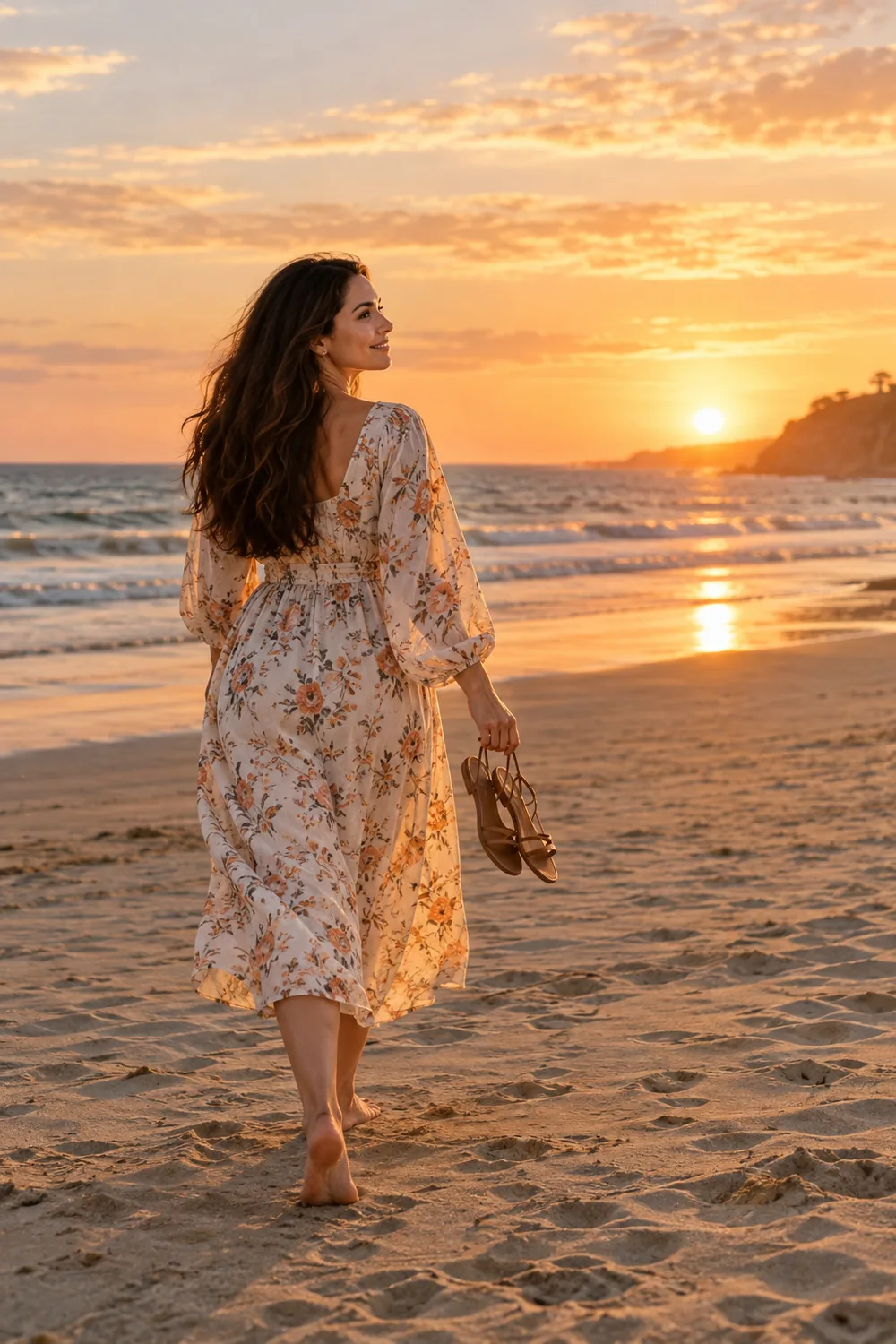 A woman in a flowing floral midi dress walks barefoot across firm beach sand at sunset, holding sandals and looking toward the horizon.
