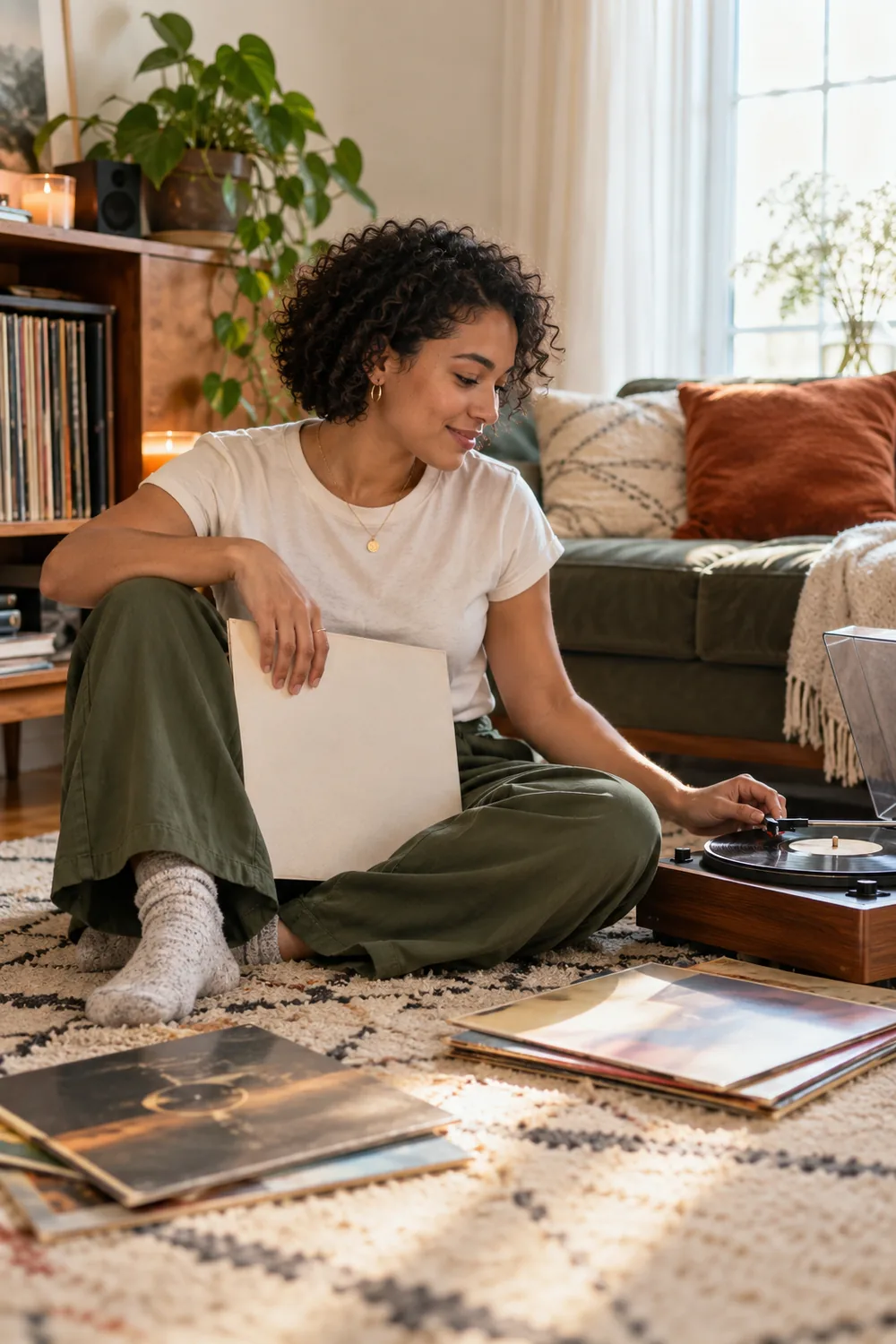 A woman with short natural curls sits on a living room rug beside a record player, holding a plain record sleeve in soft window light.