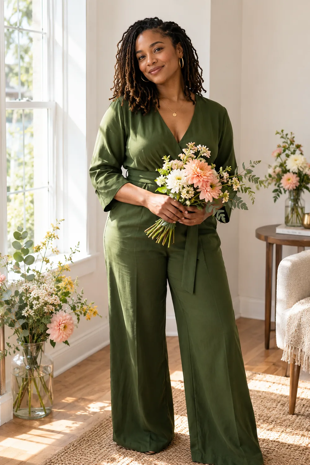 A woman with shoulder-length locs in a green jumpsuit holds a bouquet among flowers in a bright room.