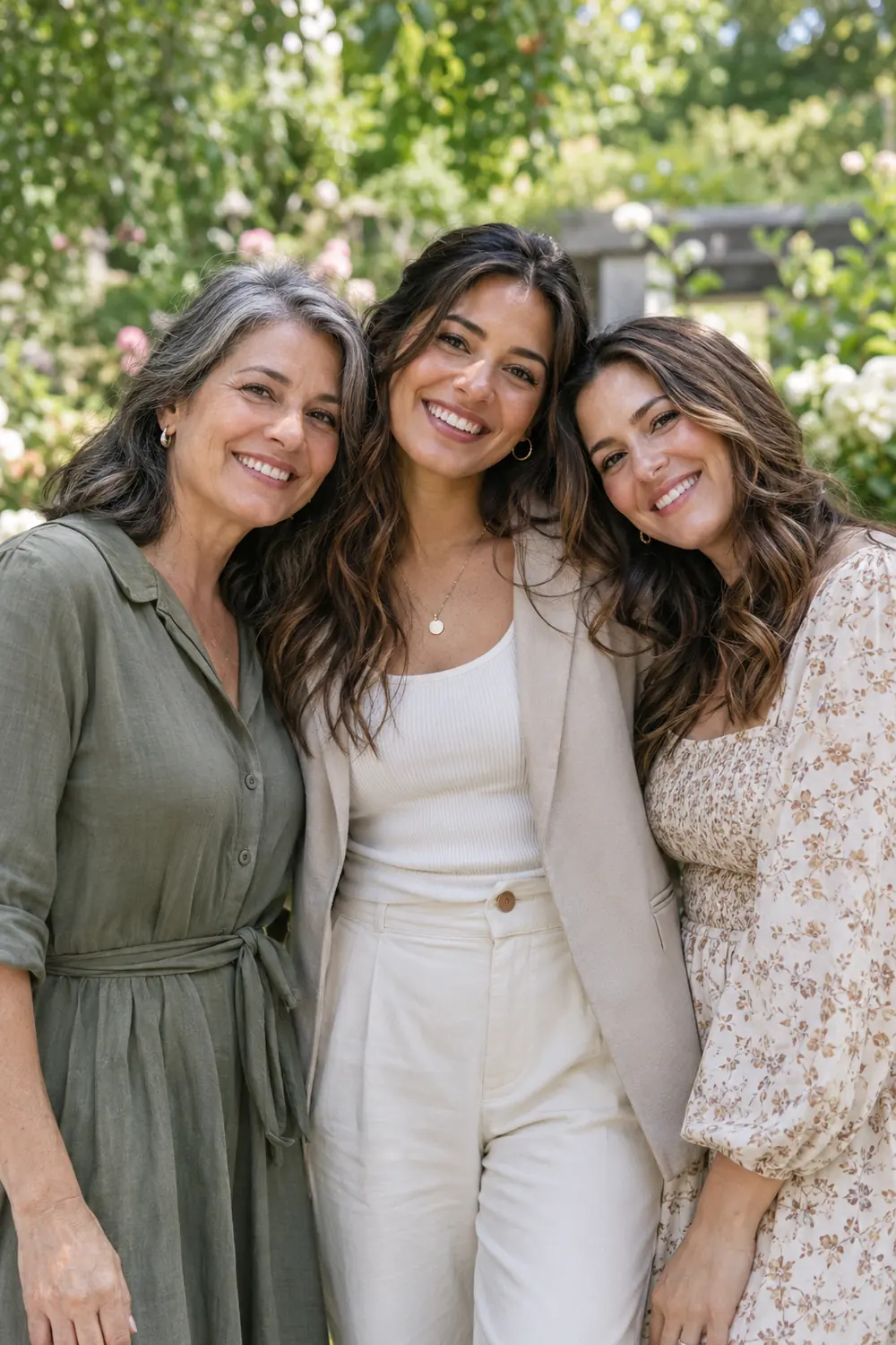 A woman in a light blazer stands between two smiling adult women in complementary neutral outfits in a leafy garden.