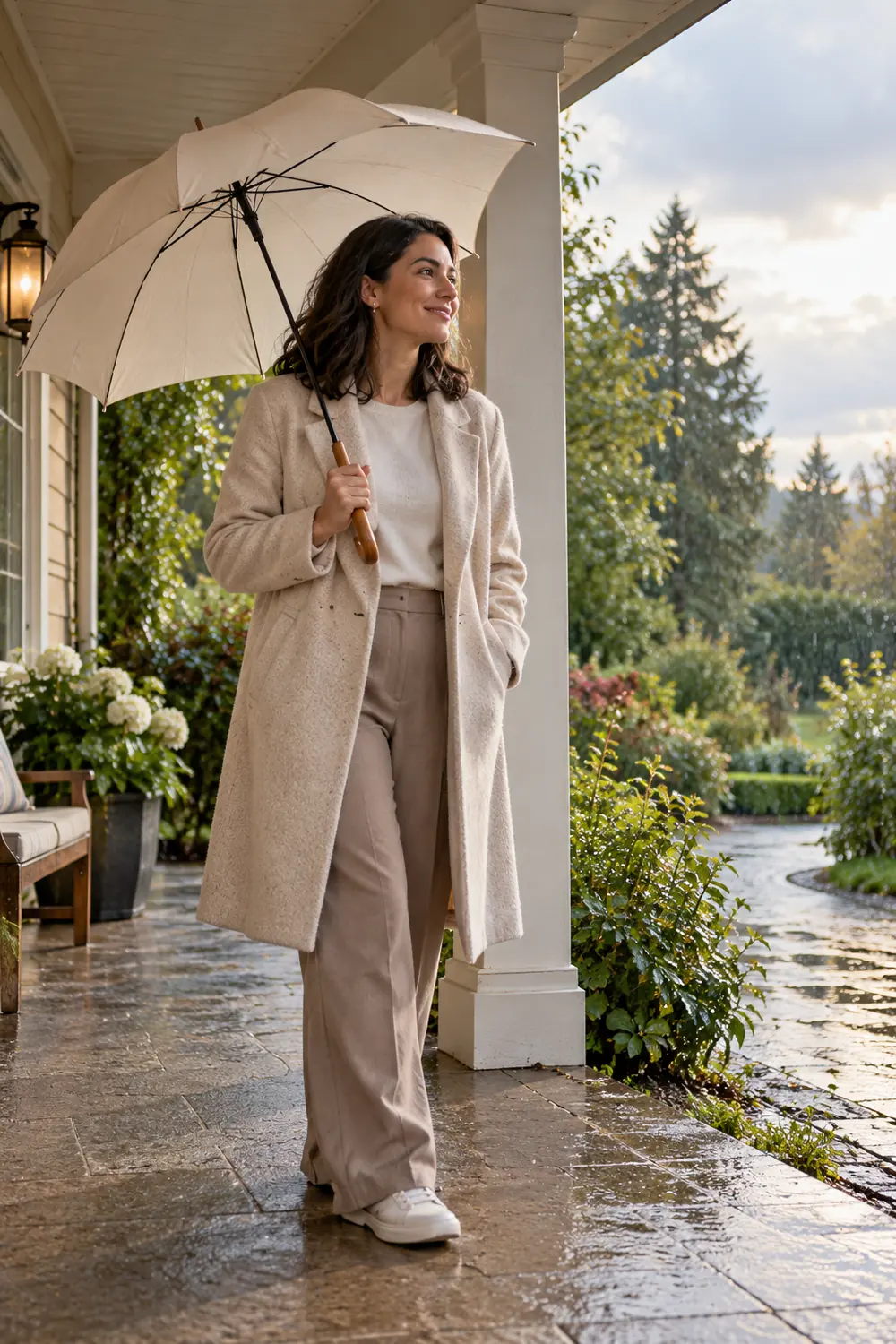A woman in a light coat and trousers holds an open plain umbrella on a covered porch, looking toward daylight over a rain-wet garden.