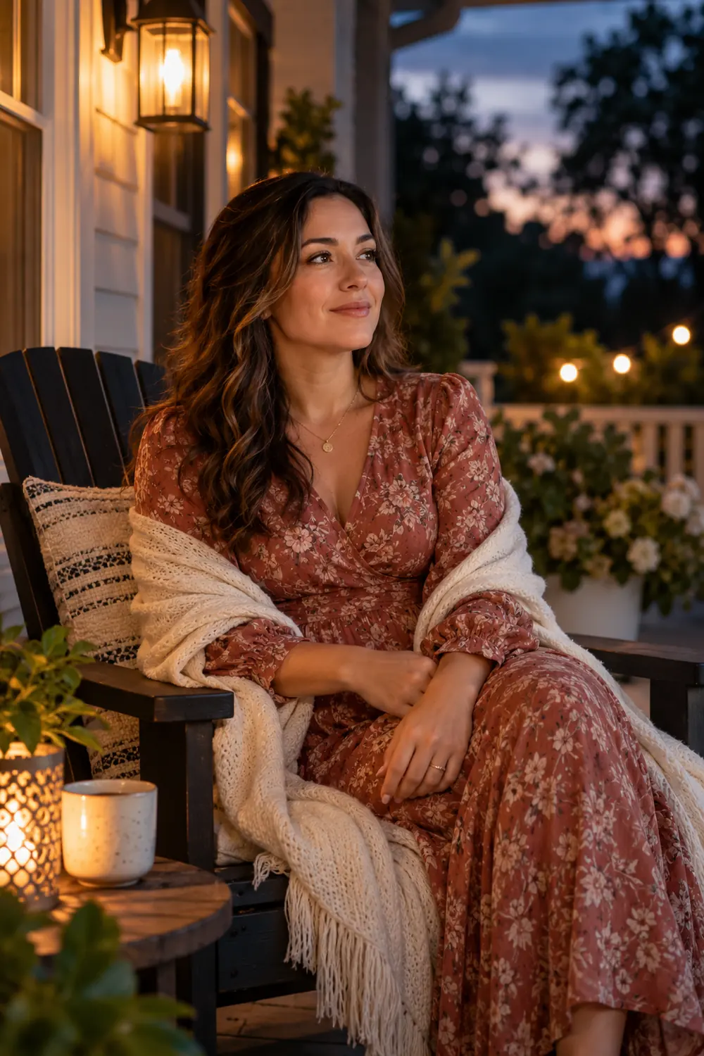 A woman with wavy brown hair sits in a porch chair wearing a rust floral dress and cream wrap, gazing toward the evening sky as warm lights glow behind her.