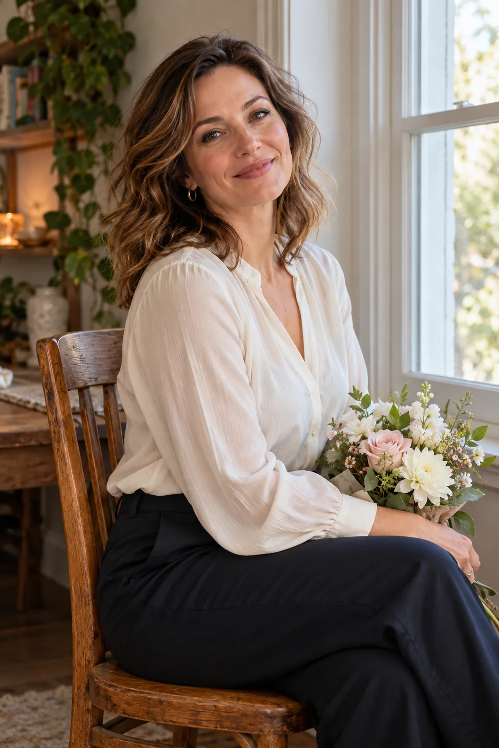 Woman in a cream blouse and dark trousers sits sideways on a wooden chair by a bright window, holding a bouquet in her lap.