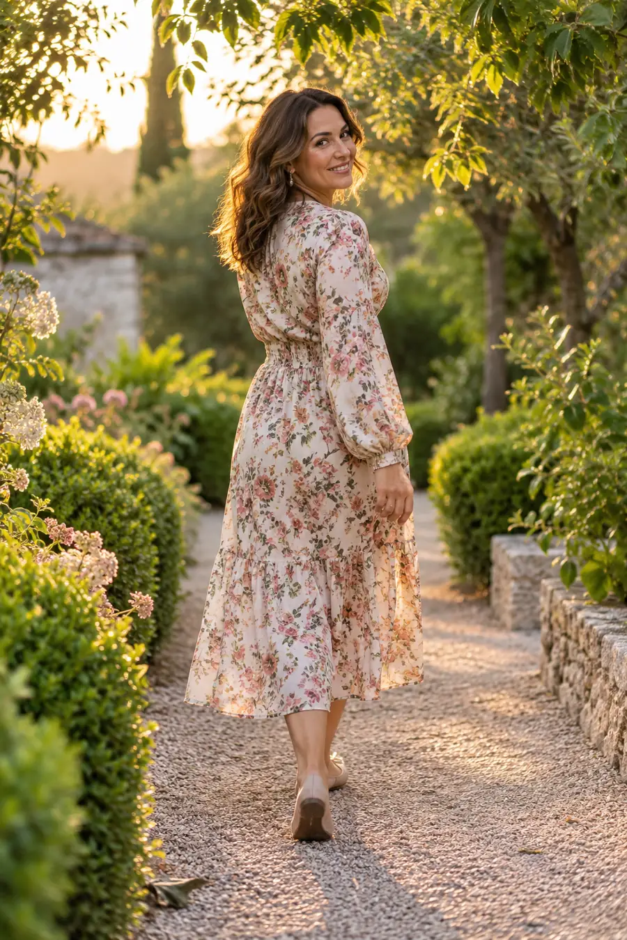 Woman in a floral midi dress walking and glancing back along a leafy garden path in evening light.