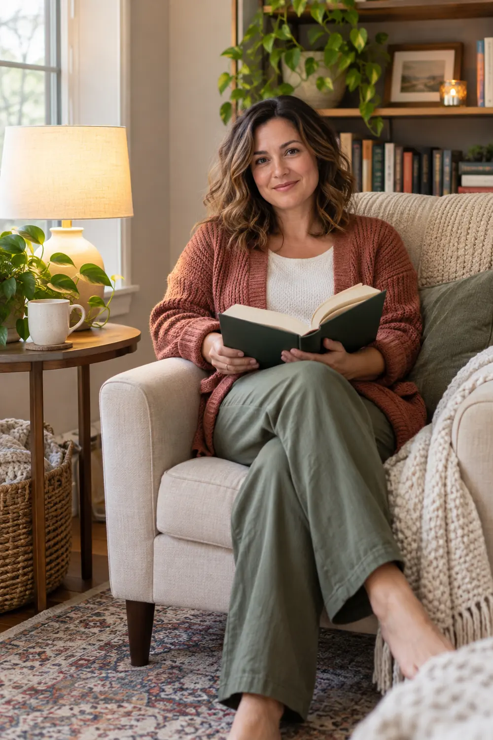 Woman in a rust cardigan reading an open book in a fabric armchair beside a lamp and side table at home.