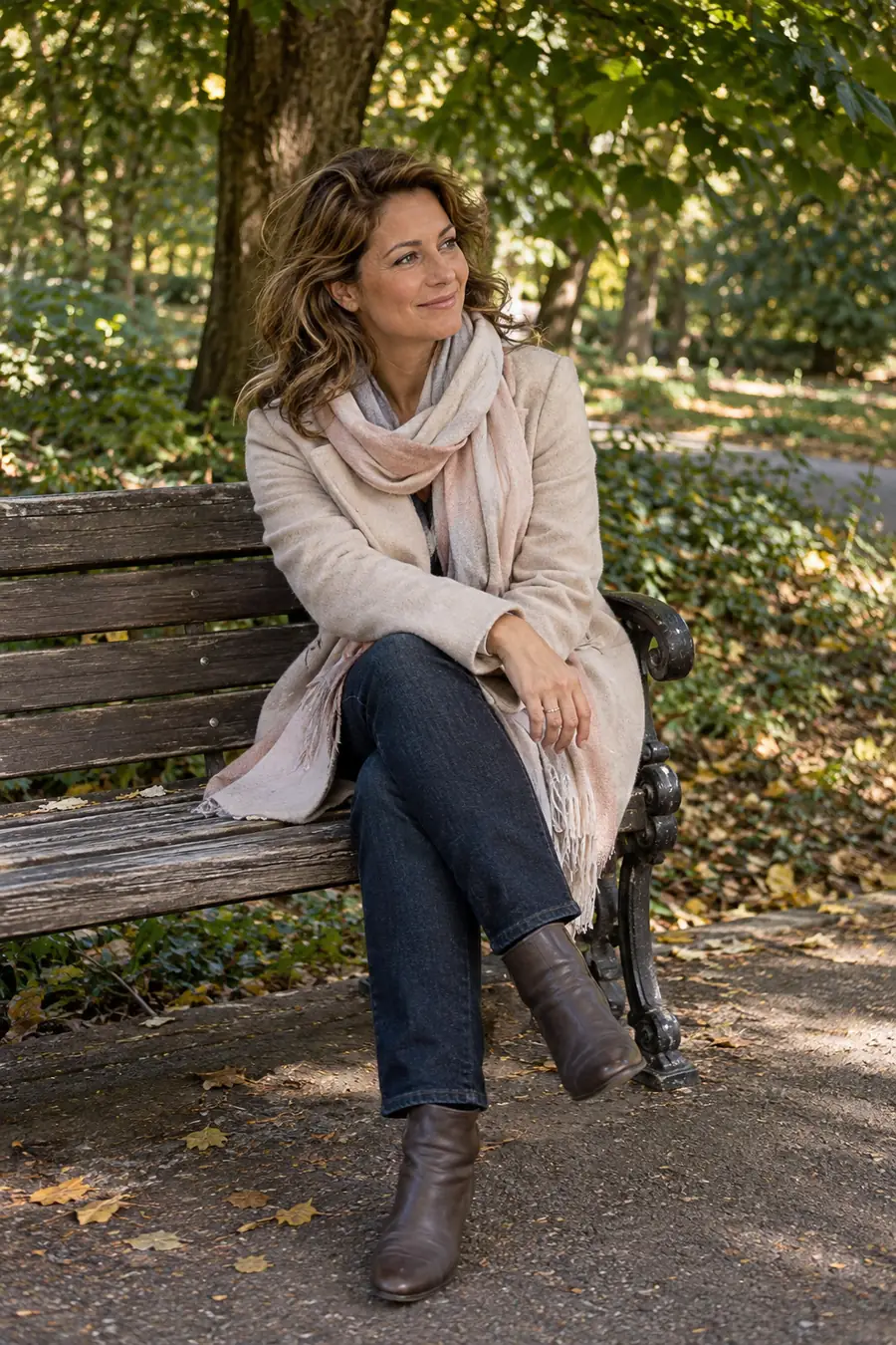 A woman in a pale coat and scarf sits on a wooden park bench beneath leafy trees, one leg crossed, with the path visible behind her.
