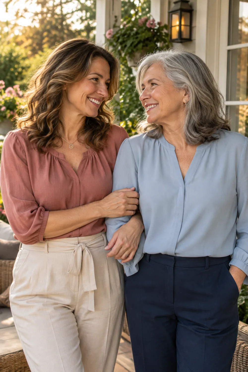Two women, a middle-aged mother and her older adult daughter, smiling at each other on a garden porch with their hands lightly linked.