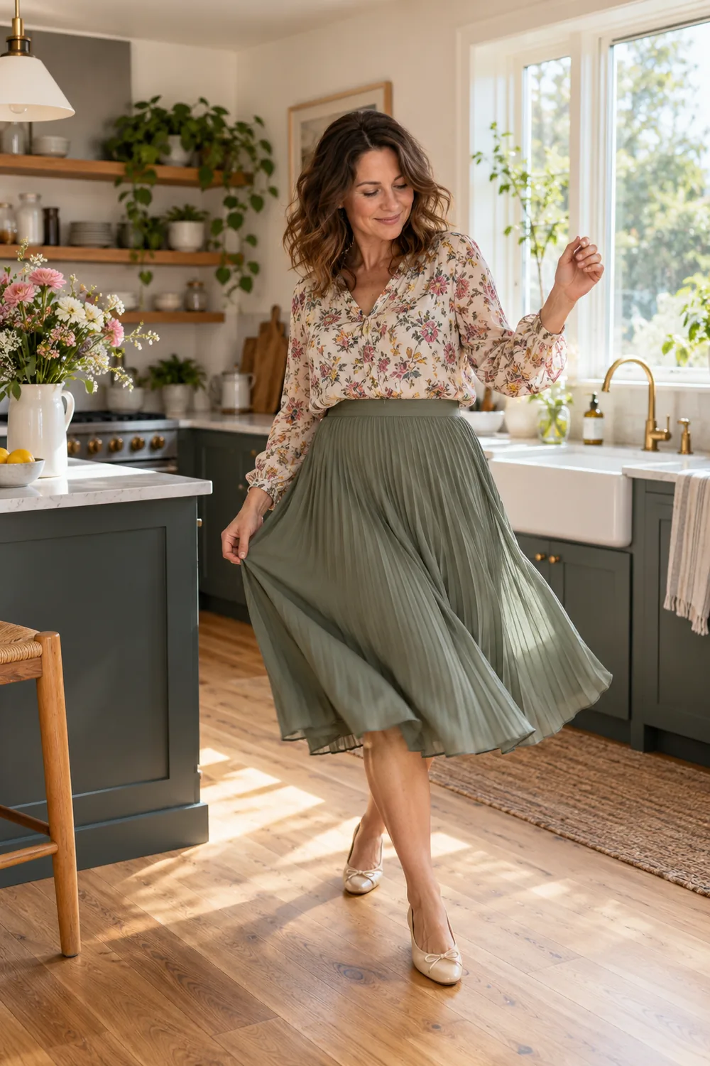 A woman in a floral blouse and flowing midi skirt dances in a sunlit home kitchen, holding the skirt edge with one hand.