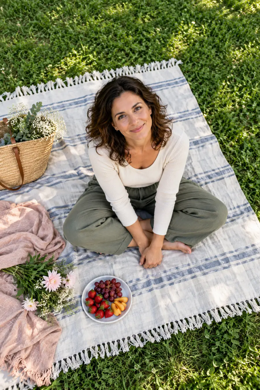 Woman seated cross-legged on a picnic blanket with a plate of fruit and flowers, looking up at the camera.