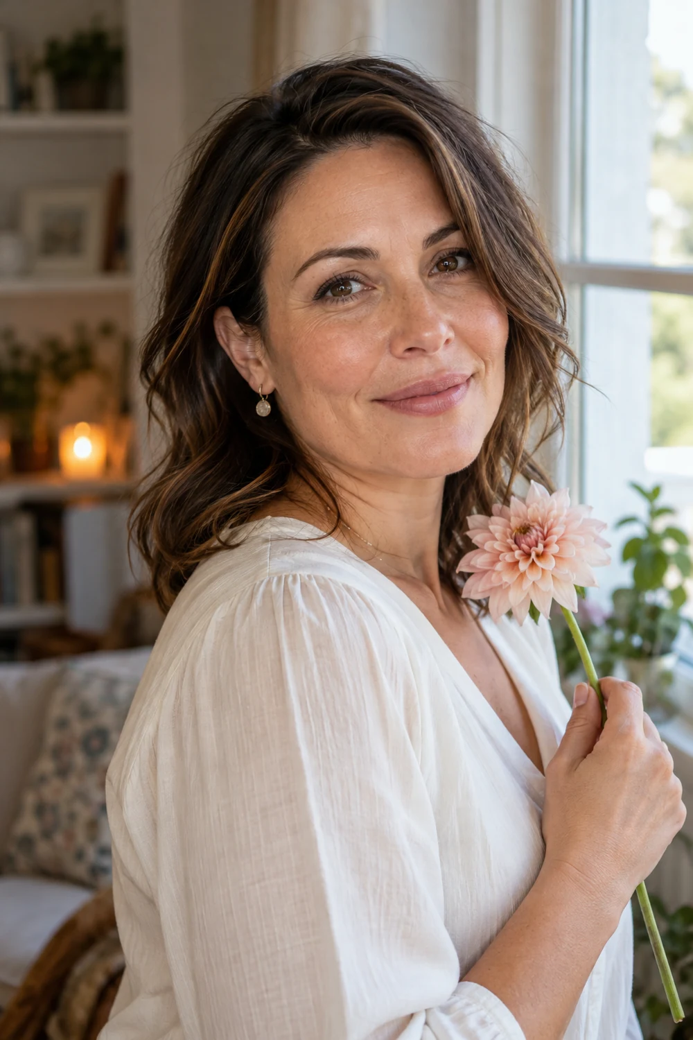 An adult woman in a white blouse holds a pink flower near her shoulder in a softly lit home beside a broad window.