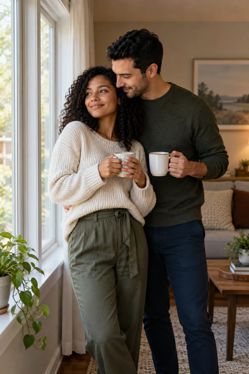 Two adult partners in knit tops and trousers stand in a gentle embrace holding mugs beside a bright living-room window.