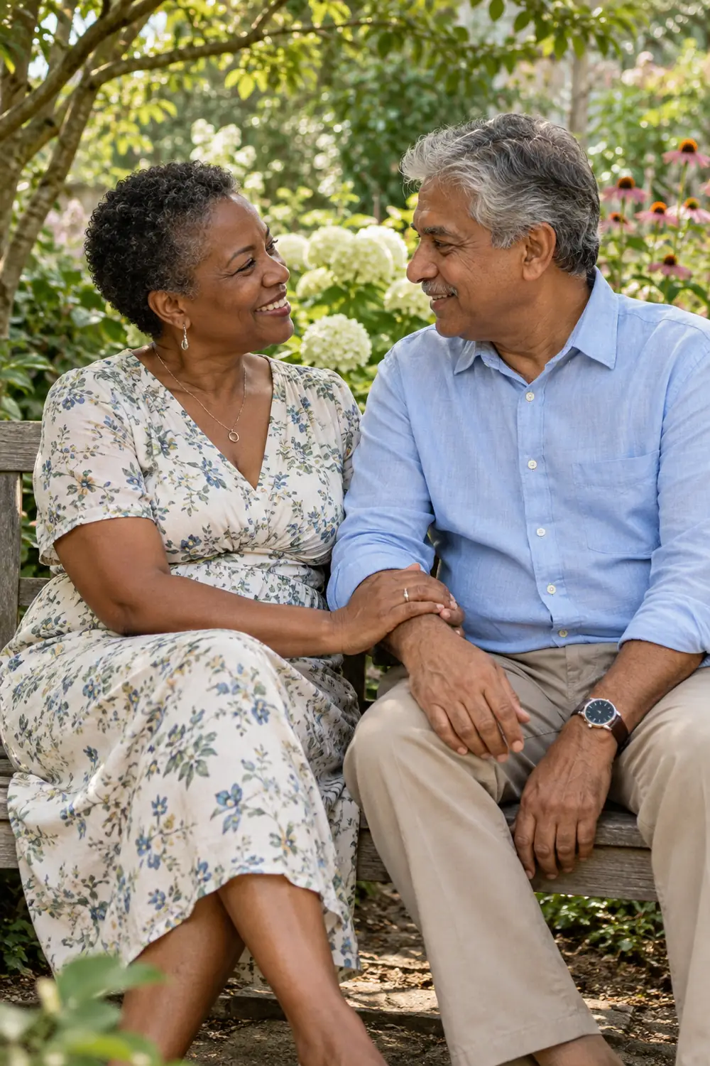 A Black woman with short natural hair and a South Asian man with salt-and-pepper hair sit close together on a garden bench, smiling at each other amid greenery.