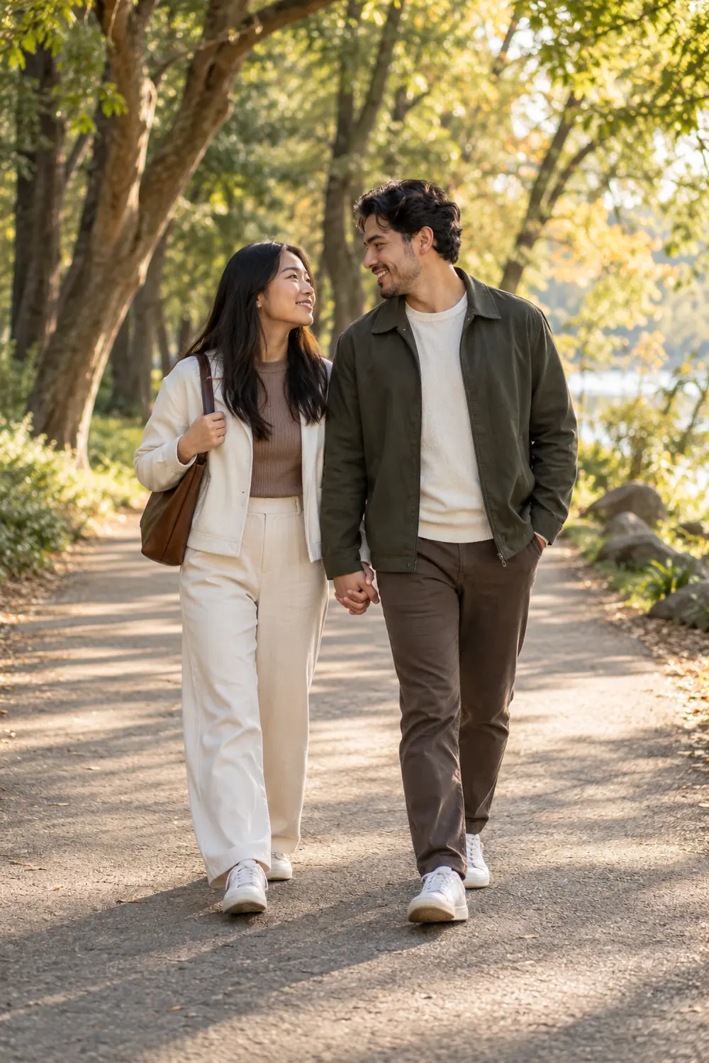 Two adult partners walk hand in hand along a sunlit, tree-lined park path, smiling at each other.