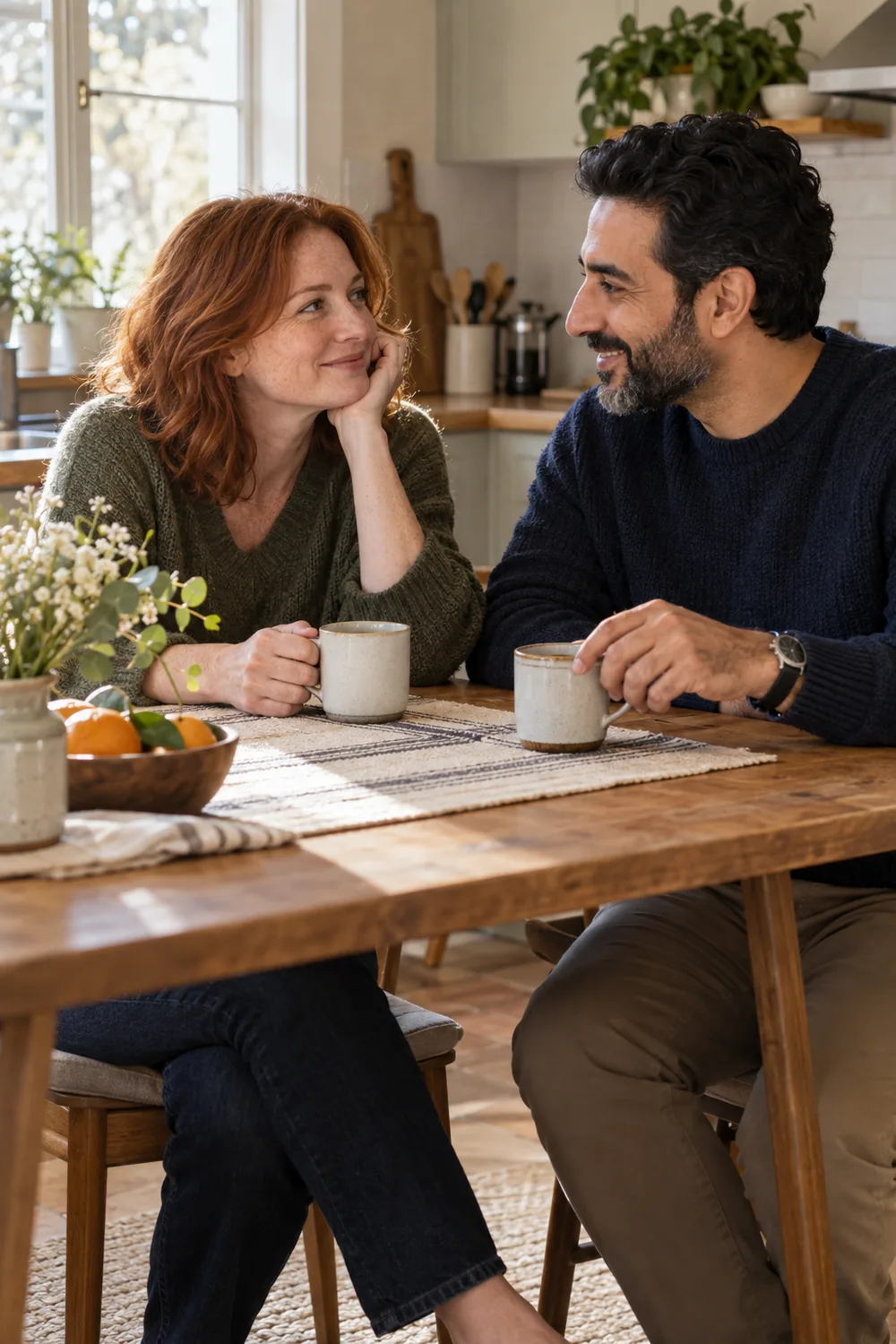 Two adult partners smile at each other across a kitchen table, with one reaching toward a ceramic mug.