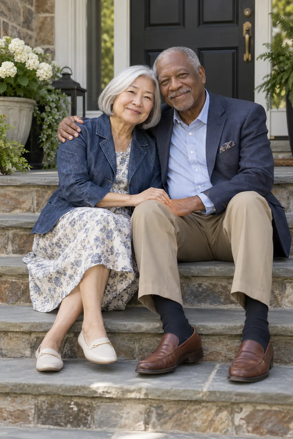 An older East Asian woman with a silver bob and an older Black man with close-cropped gray hair sit smiling together on broad stone front steps. They wear a modest jacket over a dress and a blazer with shirt and trousers.