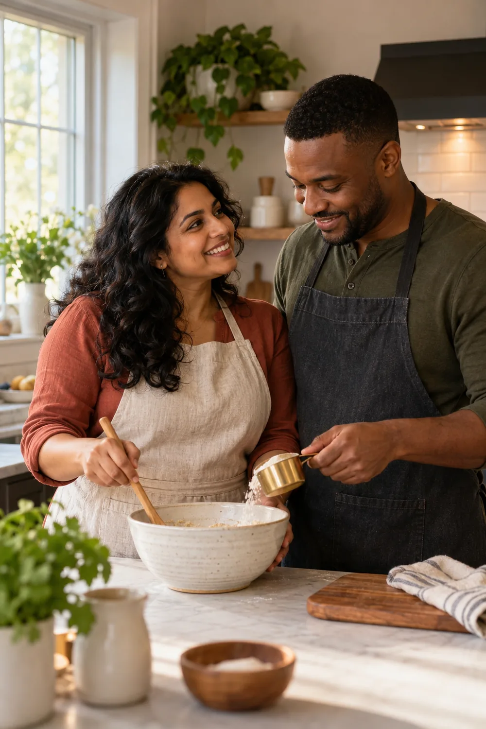 A South Asian woman and Black man in plain aprons prepare a recipe together in a warmly lit home kitchen.