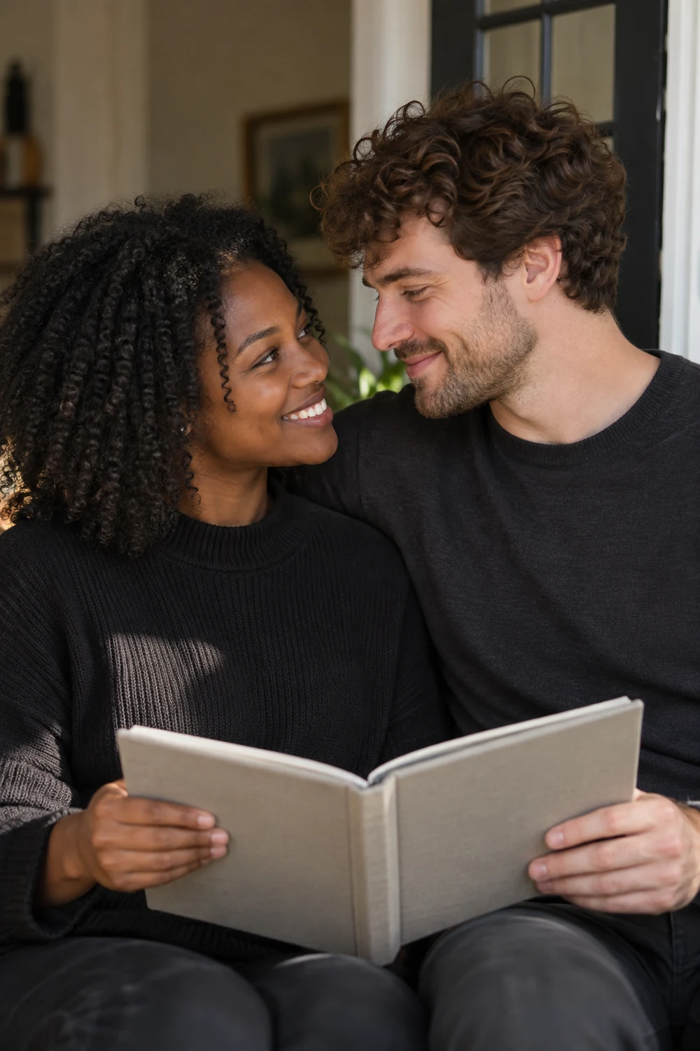 A Black woman with natural coily hair and a white man with brown curls smile at each other while holding an unmarked album in a softly lit home.