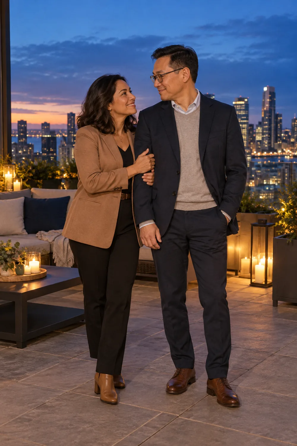 A middle-aged couple in smart-casual clothes stand close together on a rooftop terrace, smiling at each other with a blue-hour city skyline behind them.