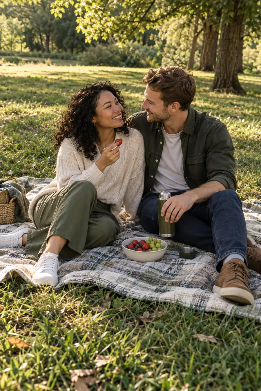 Two adult partners sit close together on a picnic blanket in a grassy park, sharing fruit and a thermos beneath the trees.