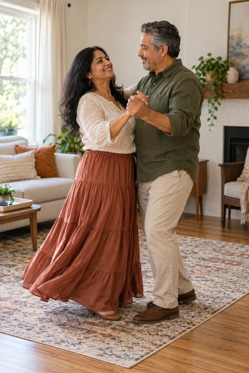 A South Asian woman in a flowing rust skirt and a Latino man in a green shirt hold hands and smile during a gentle turn in their living room.