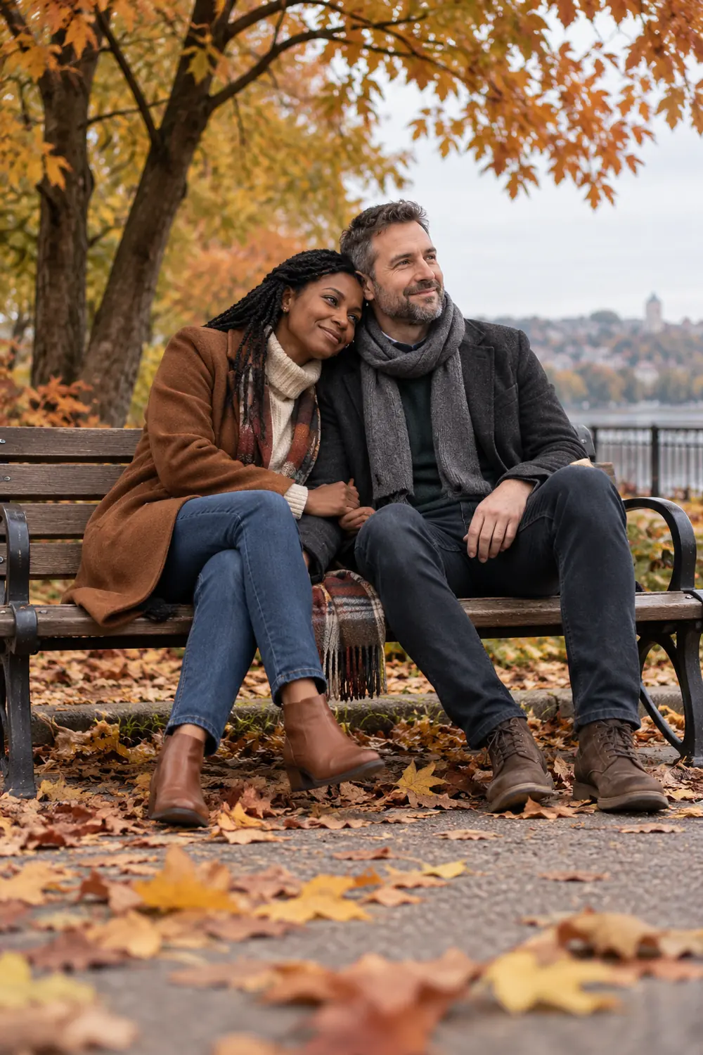 A Black woman with braids and a white man with a short beard sit close together on a park bench beneath autumn trees, with a folded scarf between them and fallen leaves in the foreground.