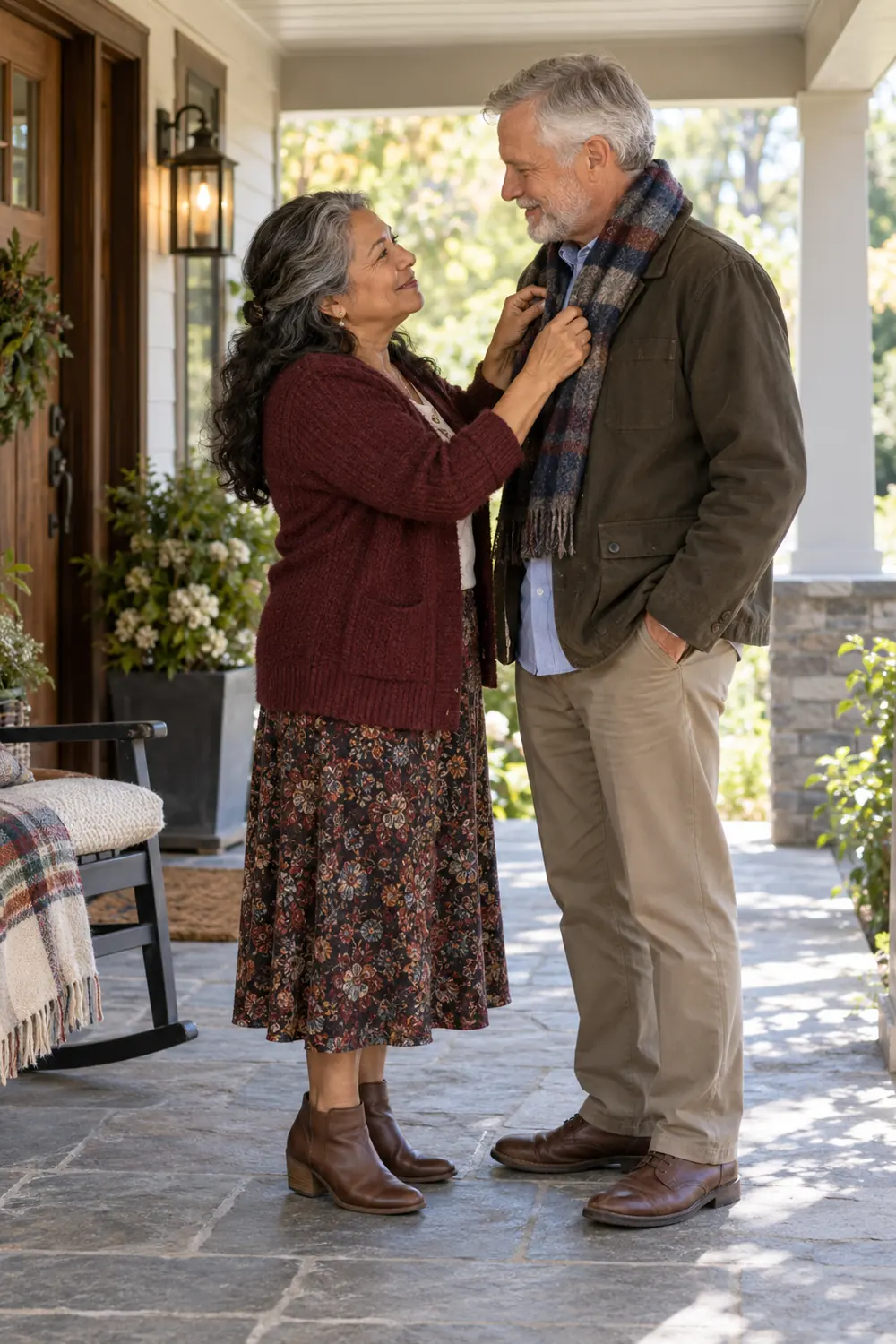 An older woman in a burgundy cardigan adjusts the scarf of a gray-haired man on a covered porch, both smiling softly.
