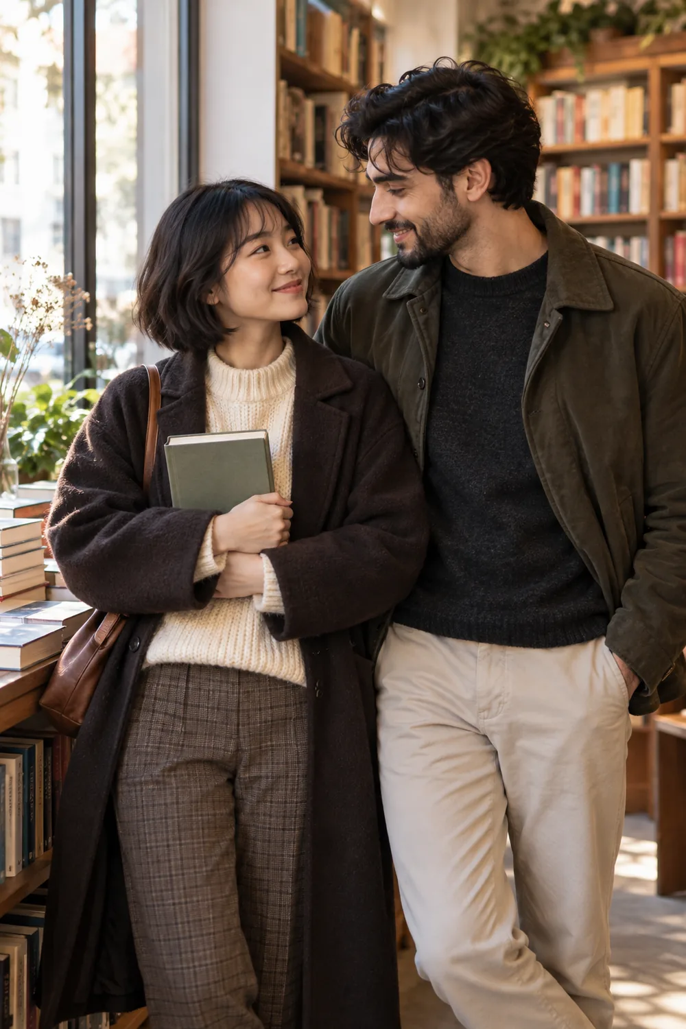 Two adult partners share a closed plain book beside a bright bookshop window, smiling at each other.