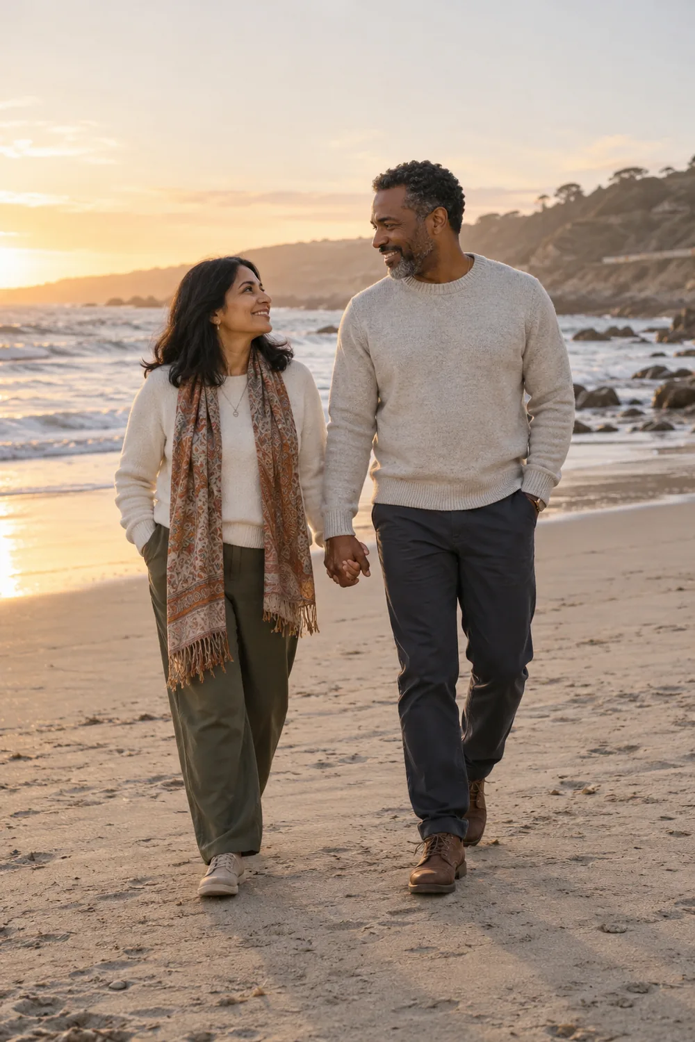 A South Asian woman and a Black man in light sweaters walk hand in hand on firm beach sand at sunset, looking at each other.