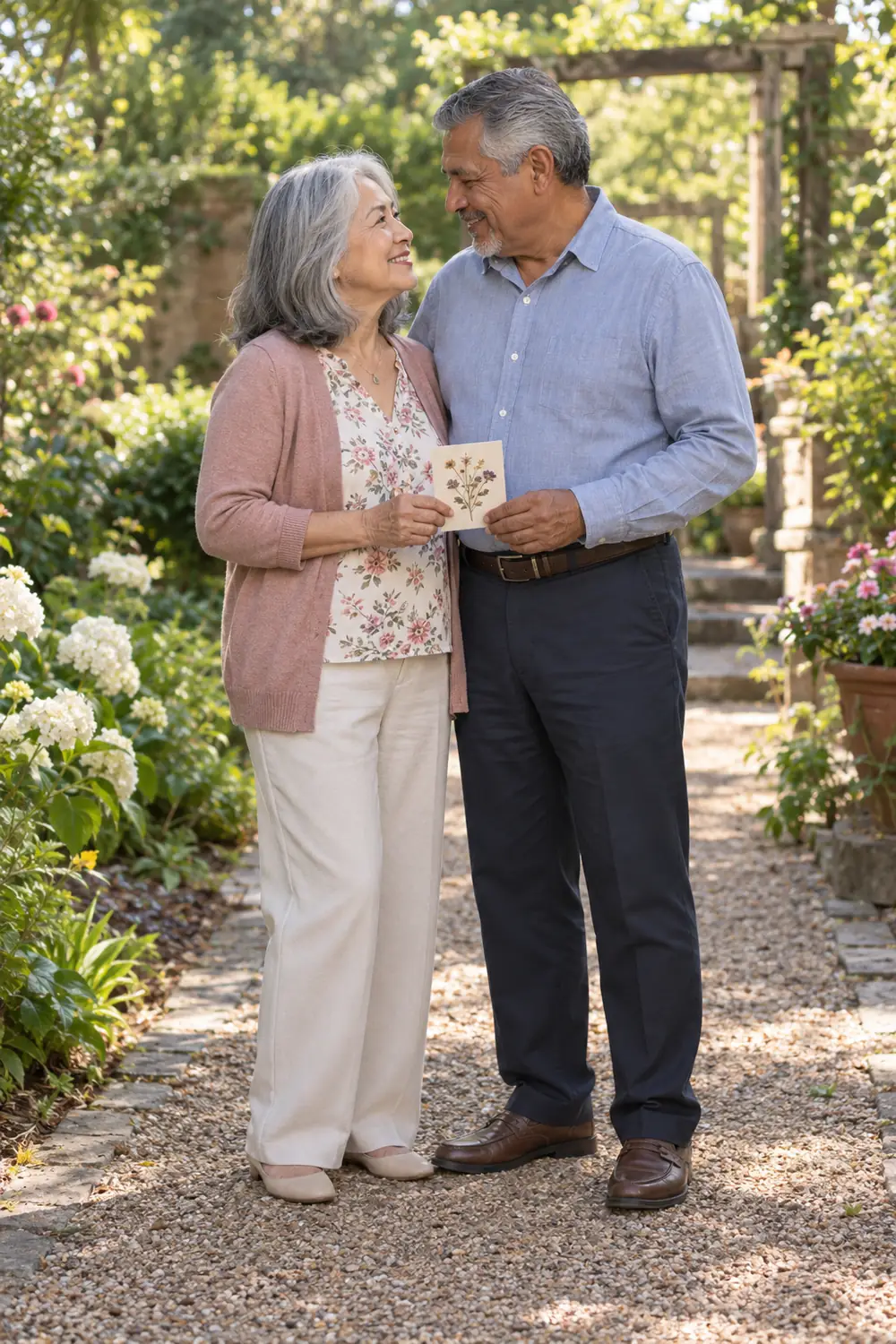 An older East Asian woman and Latino man smile at each other while holding a pressed-flower card on a garden path.