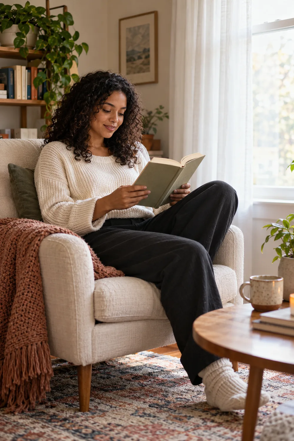 A woman with dark curly hair reads an open book in a cushioned armchair beside a bright curtained window.