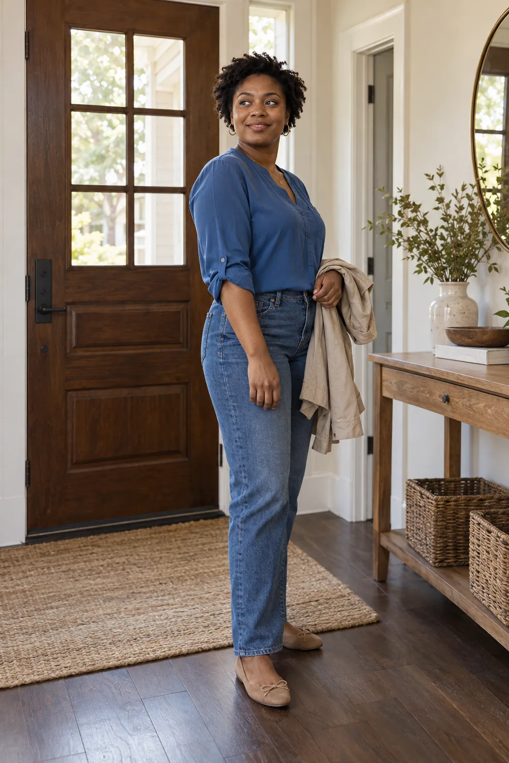 A woman with short coiled hair stands in a home entryway in a blue blouse, jeans, and flat shoes, holding a light jacket beside a wooden console table.