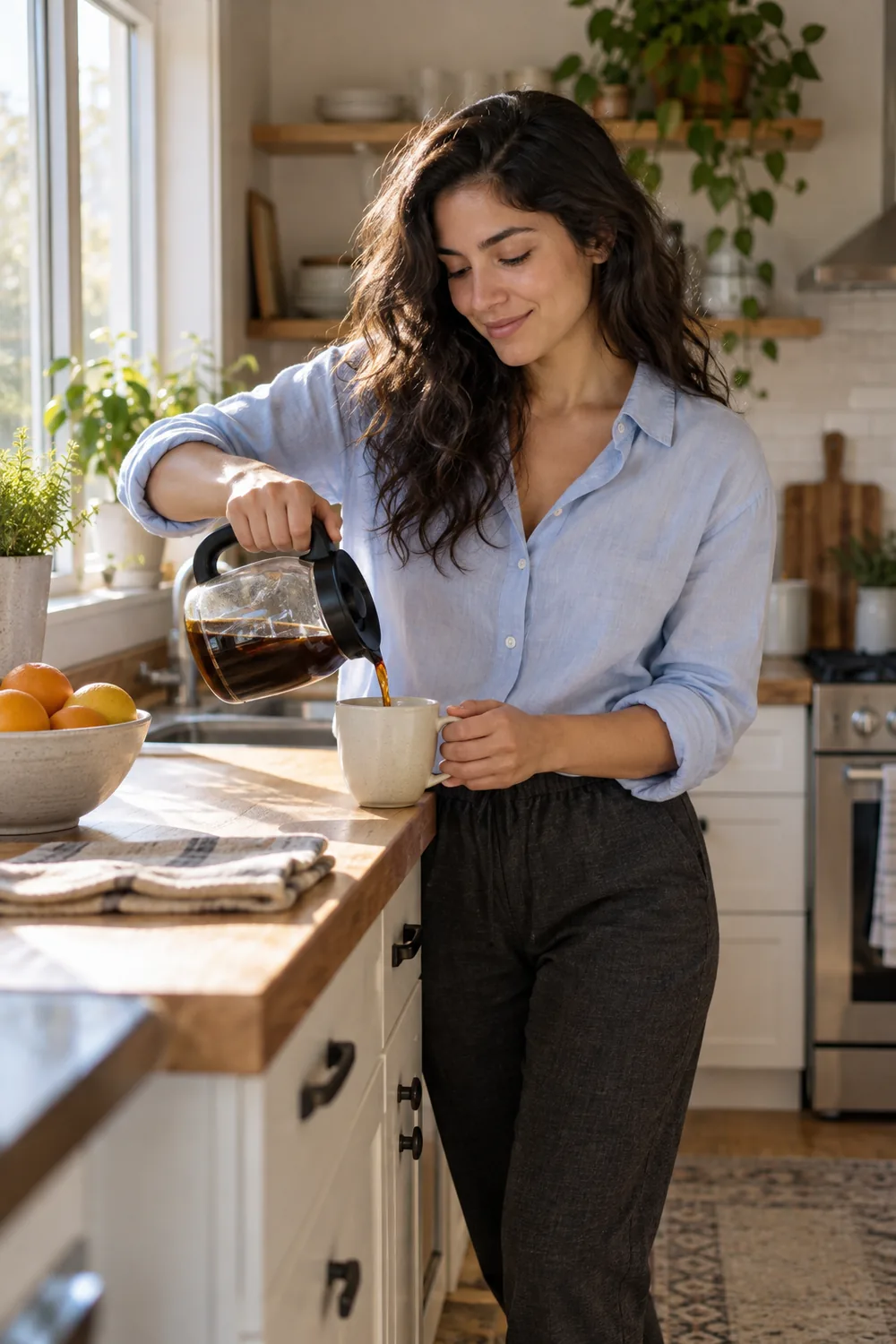 A dark-haired woman in a pale blue shirt pours coffee from a glass carafe into a ceramic mug at a sunlit home kitchen counter.