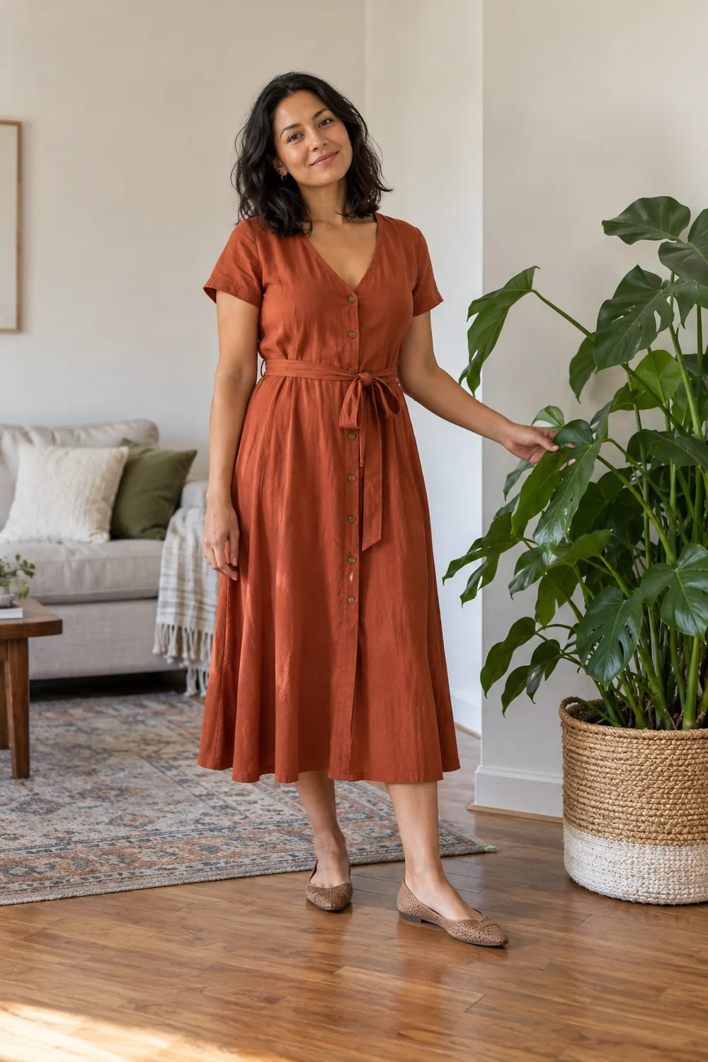 A woman in a rust-colored midi dress and flats stands beside a leafy potted plant in a bright living room, resting one hand near a leaf.