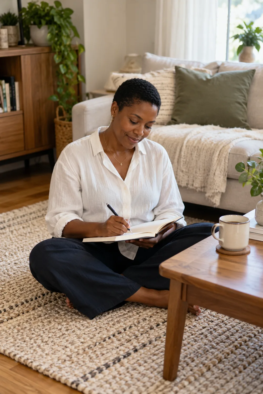 A woman in a white blouse and dark trousers sits cross-legged on a rug writing in an open journal beside a low table and plain cup in a softly lit living room.