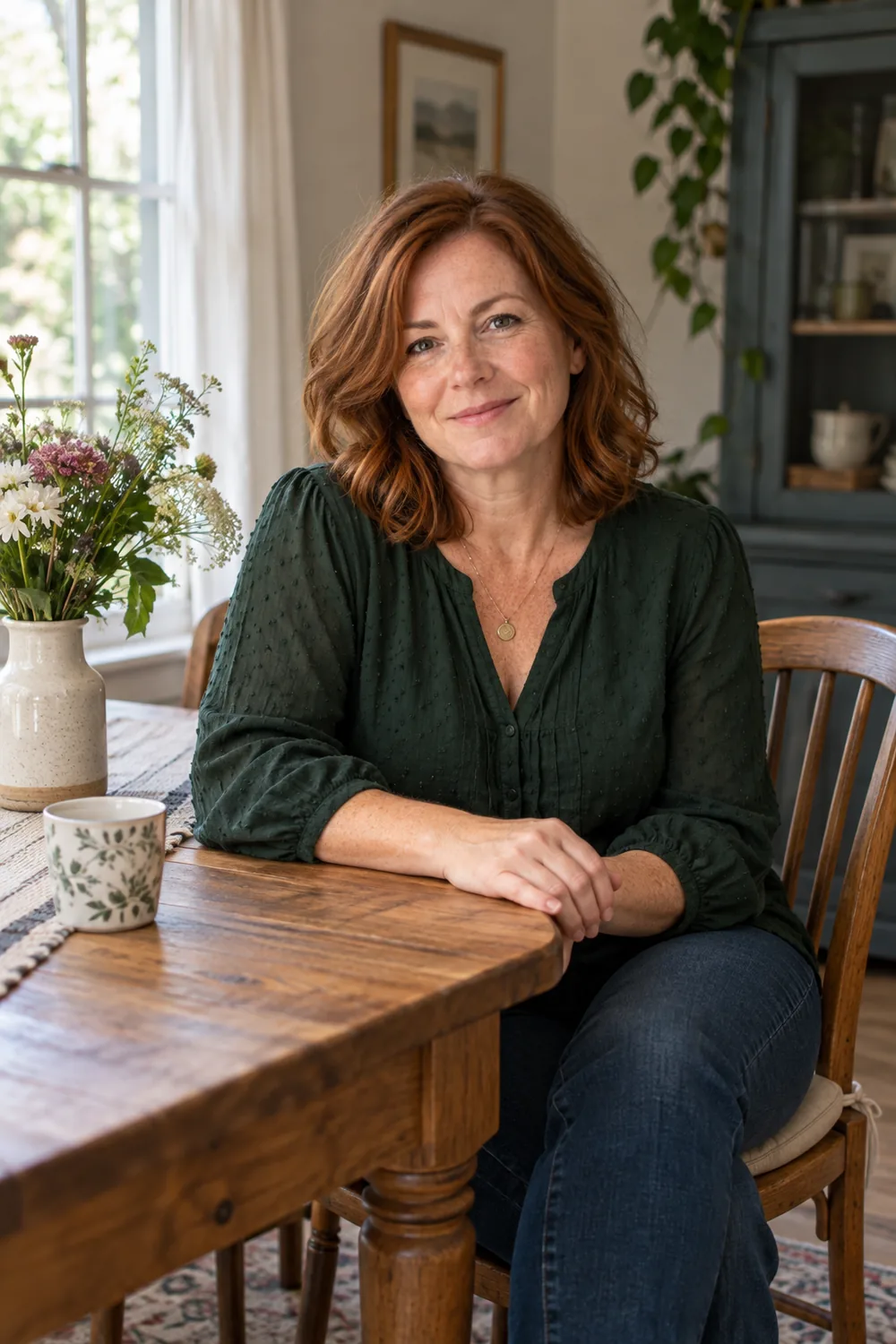 A freckled auburn-haired woman in a dark green blouse sits at a wooden dining table beside a vase of flowers in soft window light.